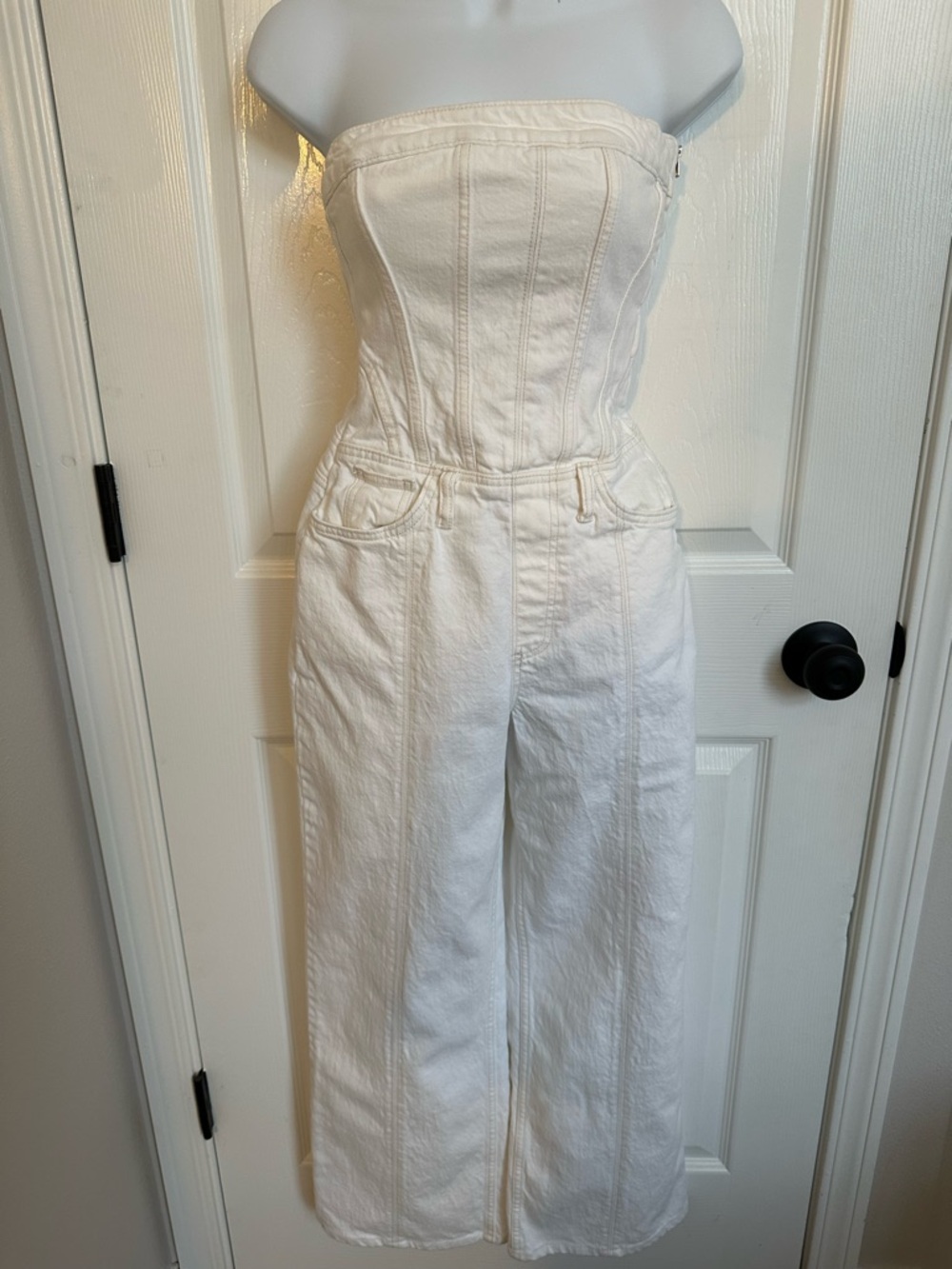 Zara Off-White Strapless Denim Jumpsuit
